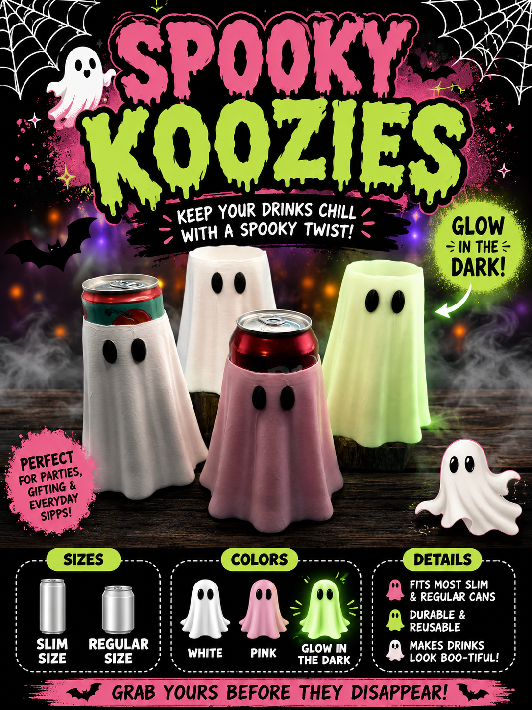 Ghost Can Coozies | 12 oz Regular and Slim Option