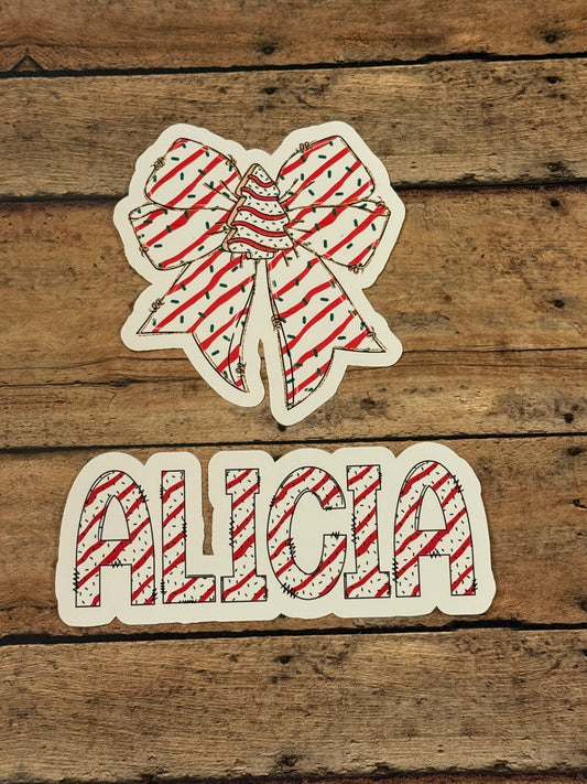 Christmas Tree Cake Personalized Name Decal | Christmas Tree Cake Bow Decal